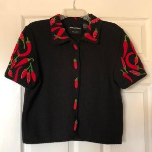 Michael Simon Cardigan Spicy Hot Peppers Beaded Wearable Art Sweater. 1998.